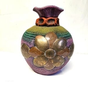 Vintage Mexican Handmade Mixed Media with Brass Floral Inlay Incense Chiminea